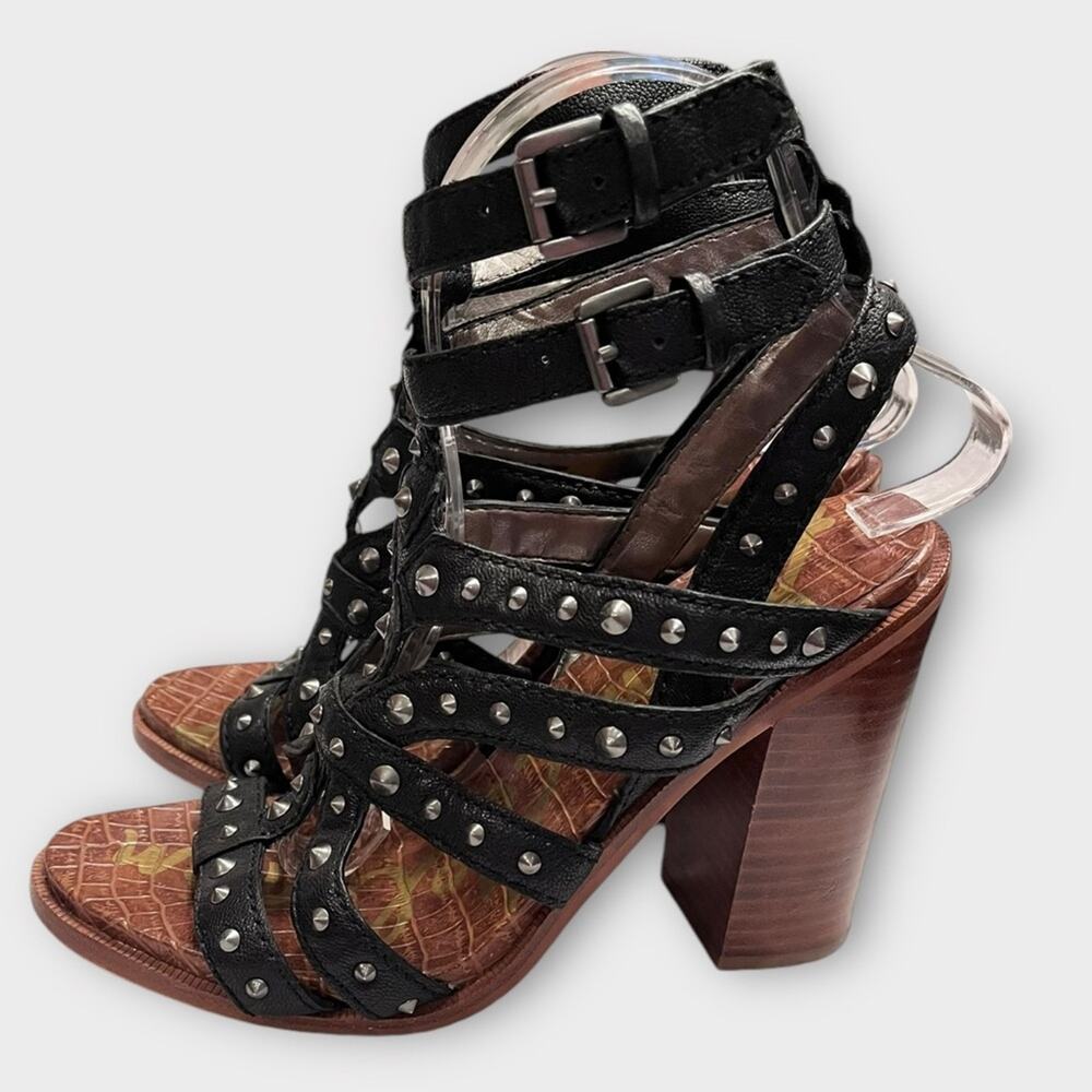 SAM EDELMAN Keith Black Leather Studded Heeled Sandals Size 7.5 - Picture 2 of 9